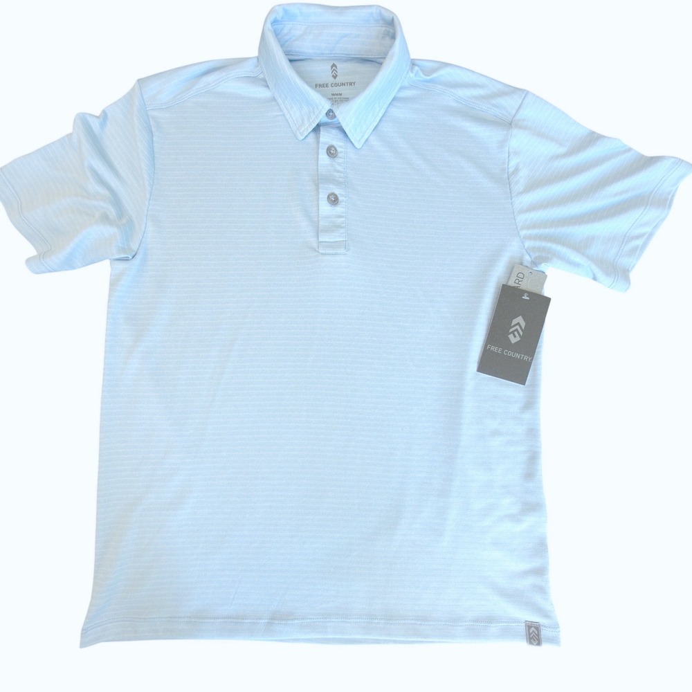 Free Country Mens Tech Jacquard Polo Shirt Light Blue Short Sleeve Medium NWT